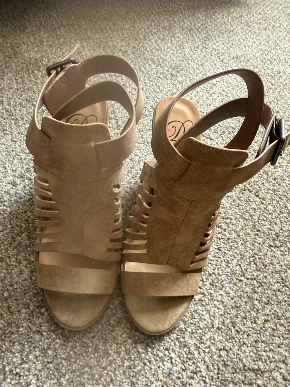 Qupid Tan Suede Strappy Wedge Sandals